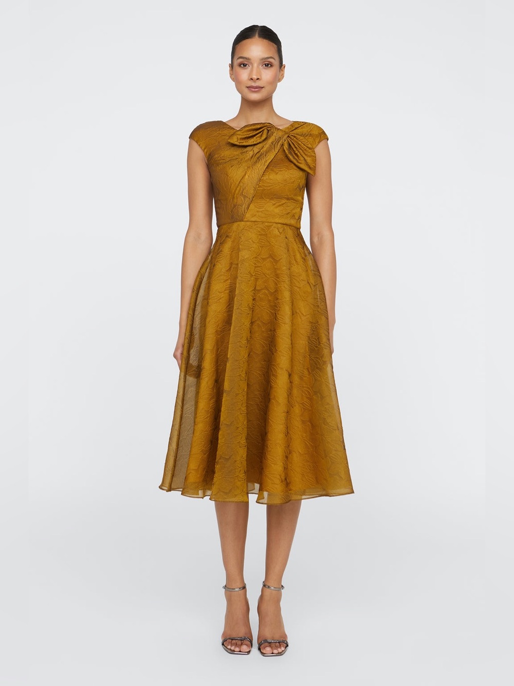Theia Helen Tie-Neck Golden Nectar Cocktail Midi Dress